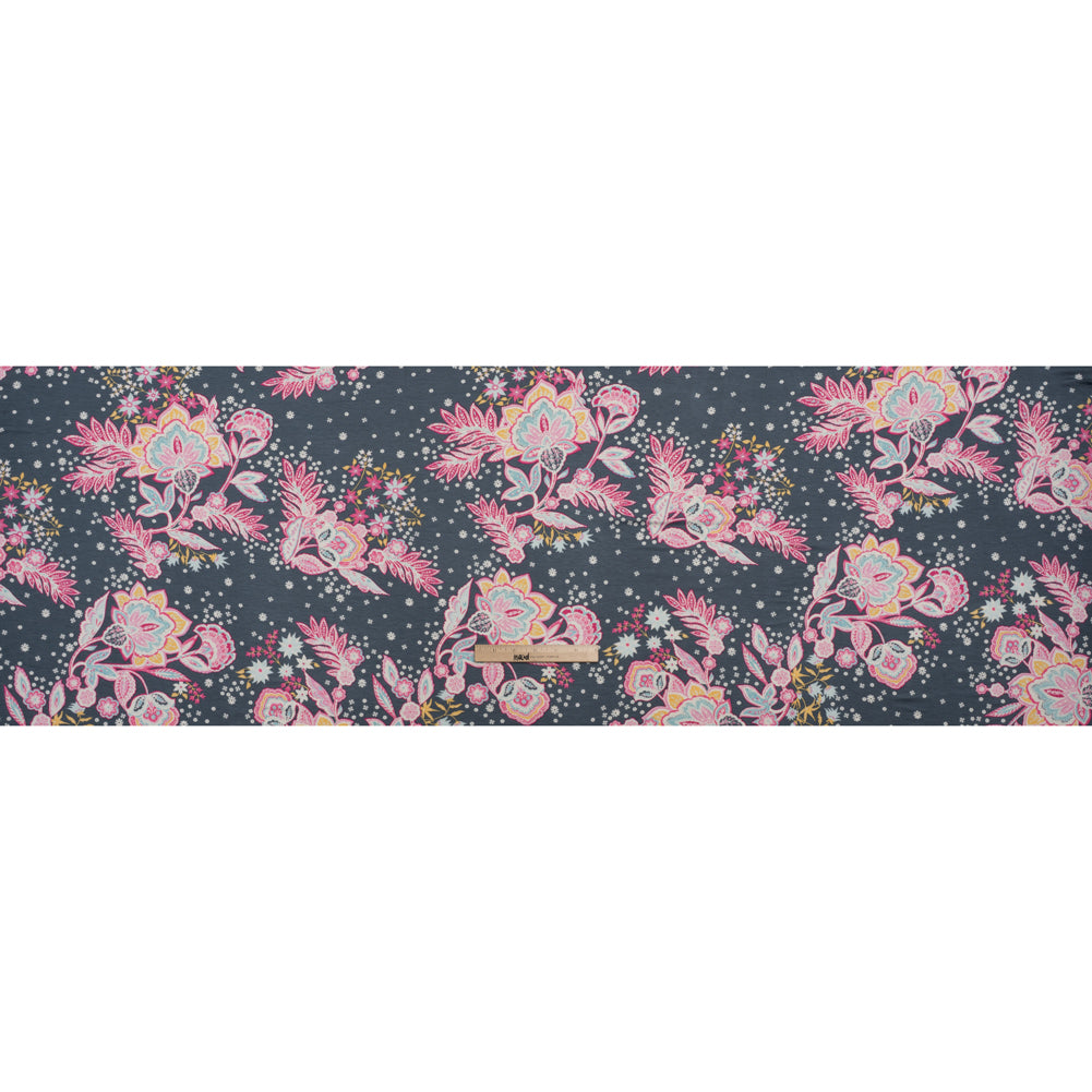 Stretch Rayon Jersey - Blue Gray, Pink and Yellow Floral - Deadstock Stretch Rayon Jersey - Blue Gray, Pink and Yellow Floral - Deadstock