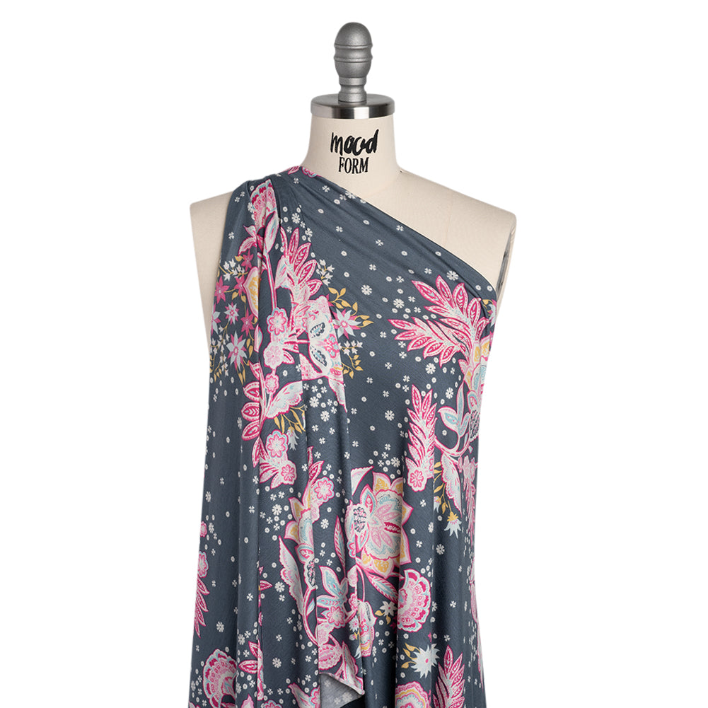 Stretch Rayon Jersey - Blue Gray, Pink and Yellow Floral - Deadstock Stretch Rayon Jersey - Blue Gray, Pink and Yellow Floral - Deadstock