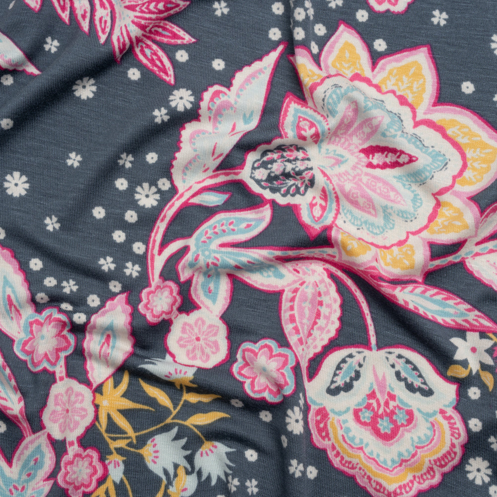 Stretch Rayon Jersey - Blue Gray, Pink and Yellow Floral - Deadstock Stretch Rayon Jersey - Blue Gray, Pink and Yellow Floral - Deadstock