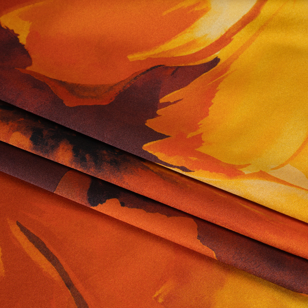 Silk Charmeuse Print 16MM, Made in Italy - Dark Orange, Golden Yellow and Russet Brown Painterly Flowers - Folded Silk Charmeuse Print 16MM, Made in Italy - Dark Orange, Golden Yellow and Russet Brown Painterly Flowers - Folded