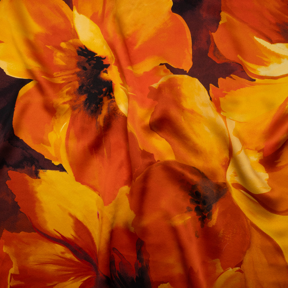 Silk Charmeuse Print 16MM, Made in Italy - Dark Orange, Golden Yellow and Russet Brown Painterly Flowers Silk Charmeuse Print 16MM, Made in Italy - Dark Orange, Golden Yellow and Russet Brown Painterly Flowers