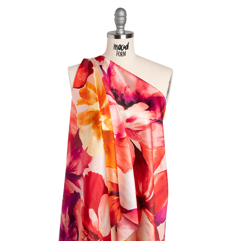 Silk Charmeuse Print 16MM, Made in Italy - Red, Pink and Fuchsia Purple Painterly Flowers Silk Charmeuse Print 16MM, Made in Italy - Red, Pink and Fuchsia Purple Painterly Flowers
