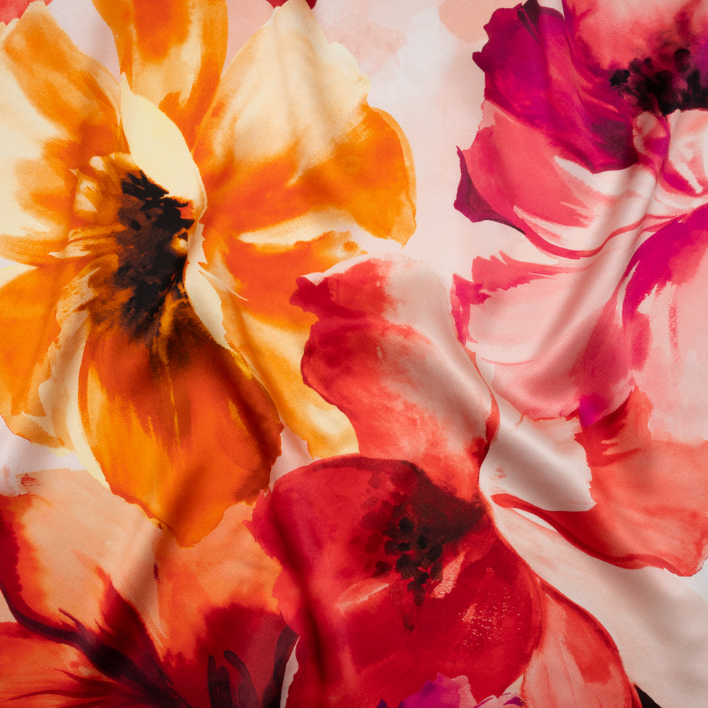 Silk Charmeuse Print 16MM, Made in Italy - Red, Pink and Fuchsia Purple Painterly Flowers Silk Charmeuse Print 16MM, Made in Italy - Red, Pink and Fuchsia Purple Painterly Flowers