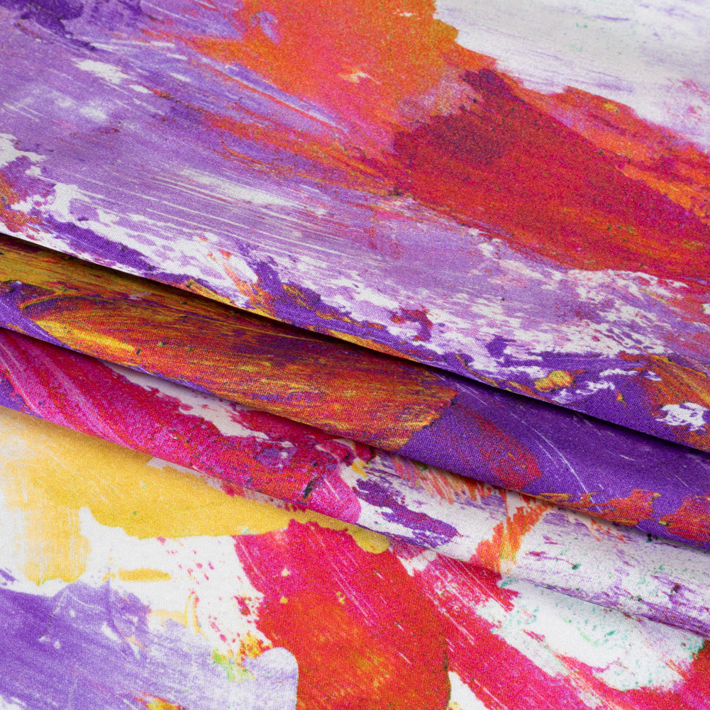 Silk Charmeuse Print 16MM, Made in Italy - Purple, Hot Pink and Yellow Abstract Brushstrokes - Folded Silk Charmeuse Print 16MM, Made in Italy - Purple, Hot Pink and Yellow Abstract Brushstrokes - Folded