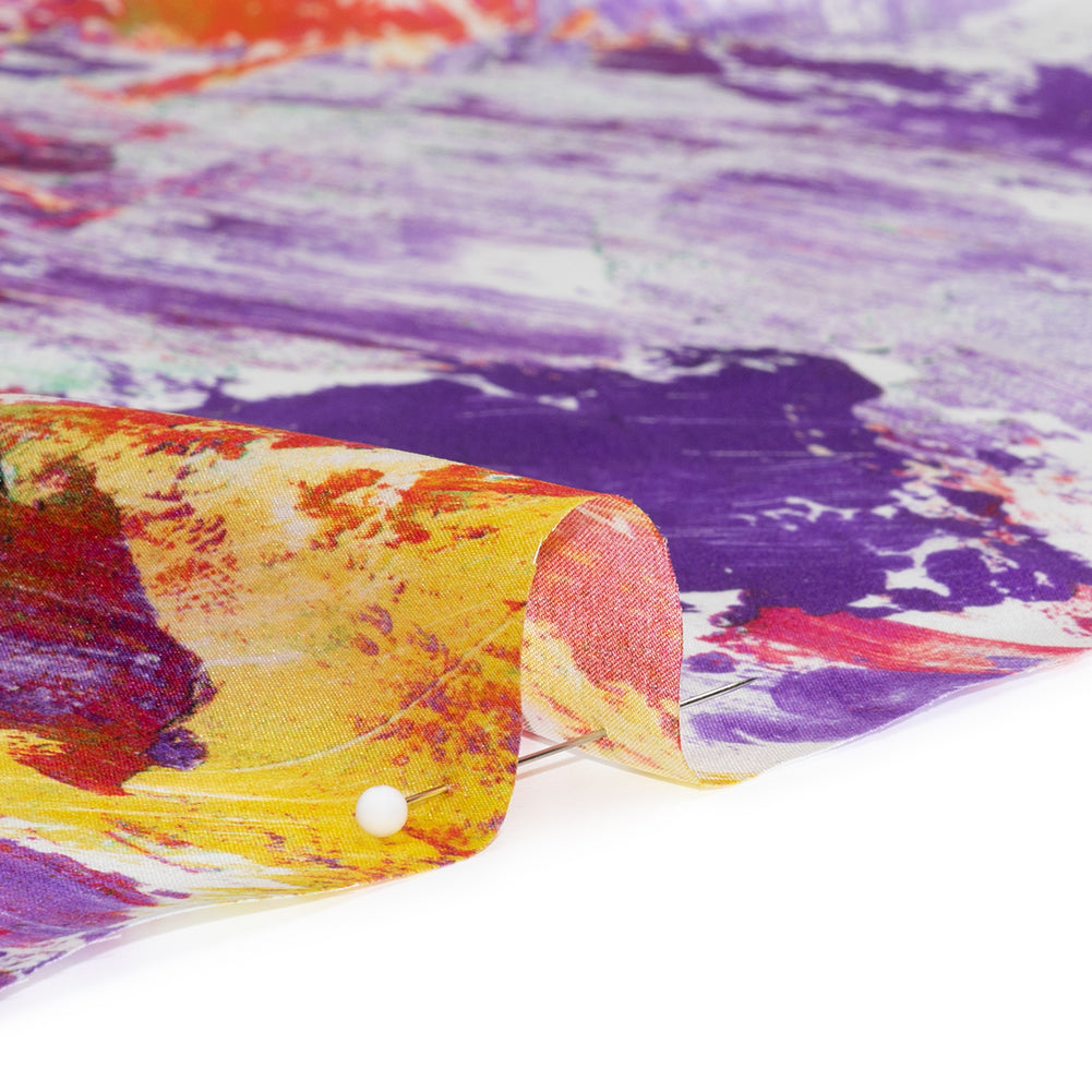 Silk Charmeuse Print 16MM, Made in Italy - Purple, Hot Pink and Yellow Abstract Brushstrokes - Detail Silk Charmeuse Print 16MM, Made in Italy - Purple, Hot Pink and Yellow Abstract Brushstrokes - Detail