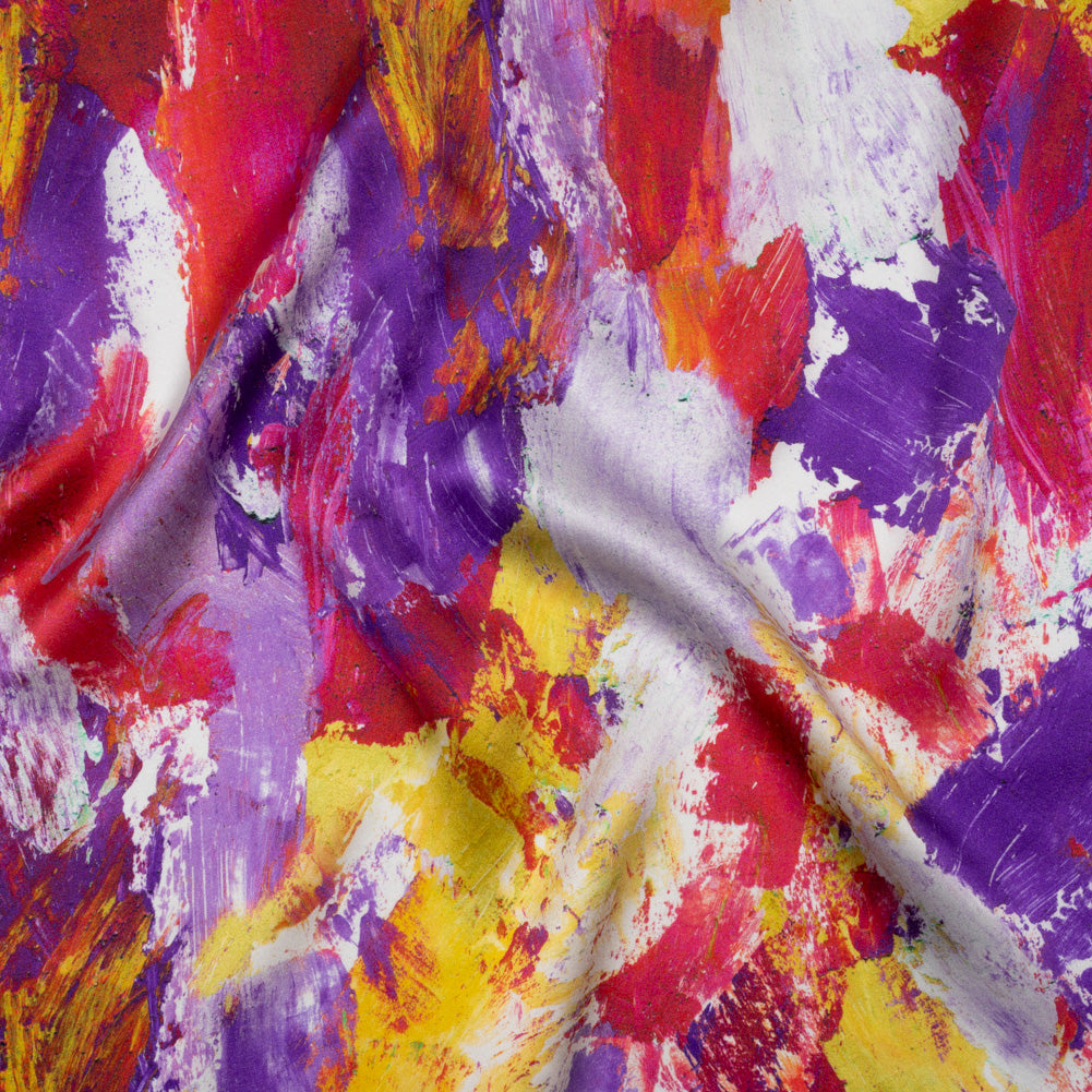 Silk Charmeuse Print 16MM, Made in Italy - Purple, Hot Pink and Yellow Abstract Brushstrokes Silk Charmeuse Print 16MM, Made in Italy - Purple, Hot Pink and Yellow Abstract Brushstrokes