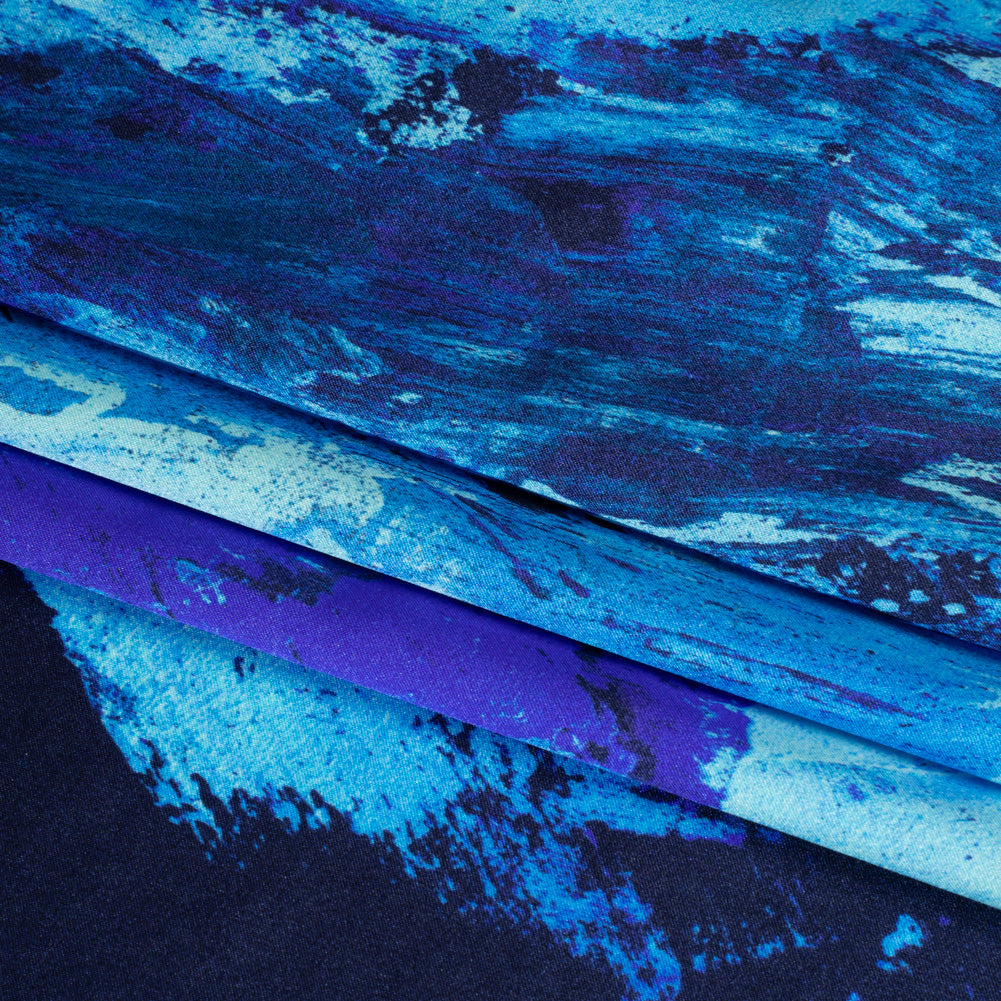 Silk Charmeuse Print 16MM, Made in Italy - Cobalt, Sky Blue and Teal Abstract Brushstrokes - Folded Silk Charmeuse Print 16MM, Made in Italy - Cobalt, Sky Blue and Teal Abstract Brushstrokes - Folded