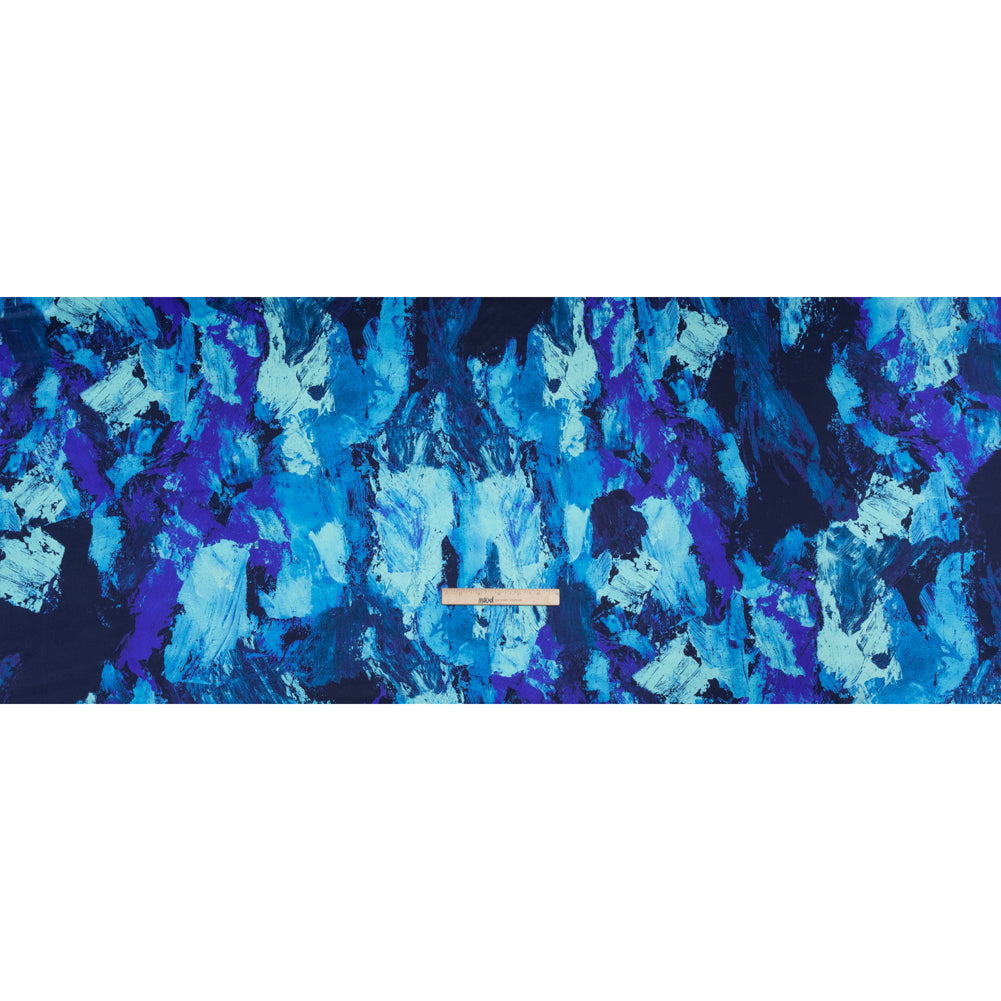Silk Charmeuse Print 16MM, Made in Italy - Cobalt, Sky Blue and Teal Abstract Brushstrokes - Full Silk Charmeuse Print 16MM, Made in Italy - Cobalt, Sky Blue and Teal Abstract Brushstrokes - Full