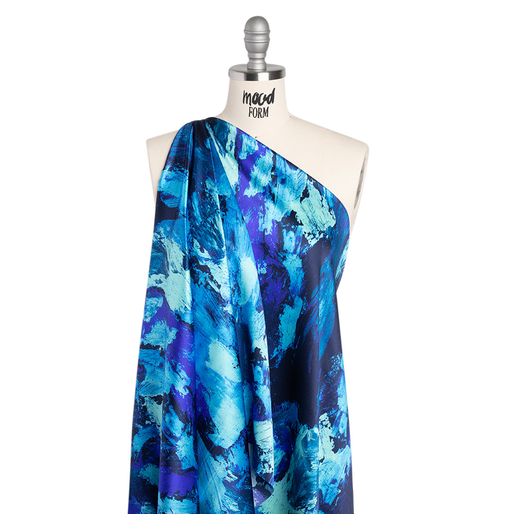 Silk Charmeuse Print 16MM, Made in Italy - Cobalt, Sky Blue and Teal Abstract Brushstrokes - Drape Silk Charmeuse Print 16MM, Made in Italy - Cobalt, Sky Blue and Teal Abstract Brushstrokes - Drape