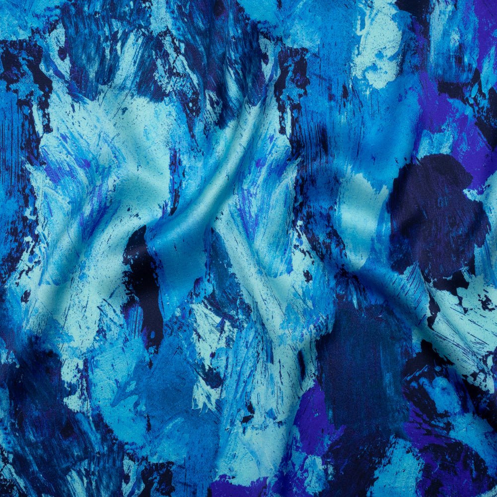 Silk Charmeuse Print 16MM, Made in Italy - Cobalt, Sky Blue and Teal Abstract Brushstrokes Silk Charmeuse Print 16MM, Made in Italy - Cobalt, Sky Blue and Teal Abstract Brushstrokes