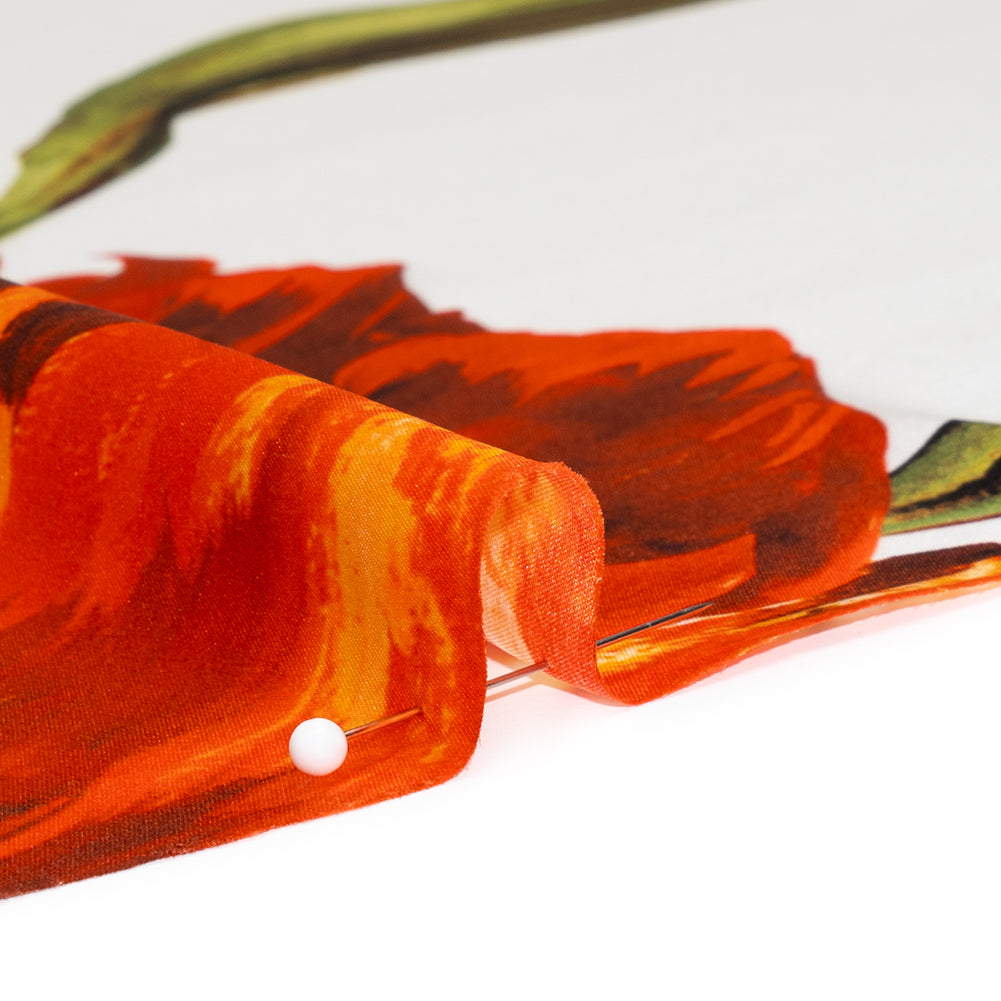 Silk Charmeuse Print 16MM, Made in Italy - Golden Orange, Green and White Painted Tulip Garden Silk Charmeuse Print 16MM, Made in Italy - Golden Orange, Green and White Painted Tulip Garden