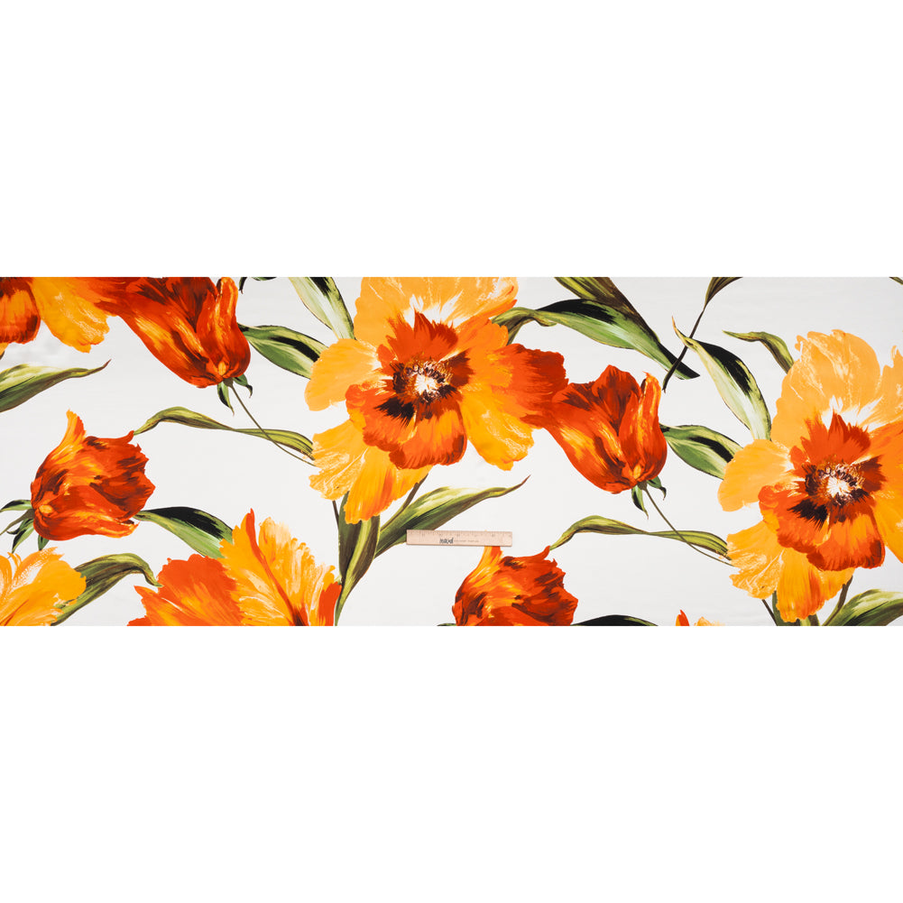 Silk Charmeuse Print 16MM, Made in Italy - Golden Orange, Green and White Painted Tulip Garden Silk Charmeuse Print 16MM, Made in Italy - Golden Orange, Green and White Painted Tulip Garden