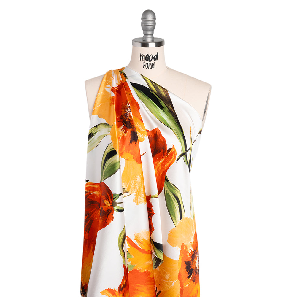 Silk Charmeuse Print 16MM, Made in Italy - Golden Orange, Green and White Painted Tulip Garden Silk Charmeuse Print 16MM, Made in Italy - Golden Orange, Green and White Painted Tulip Garden