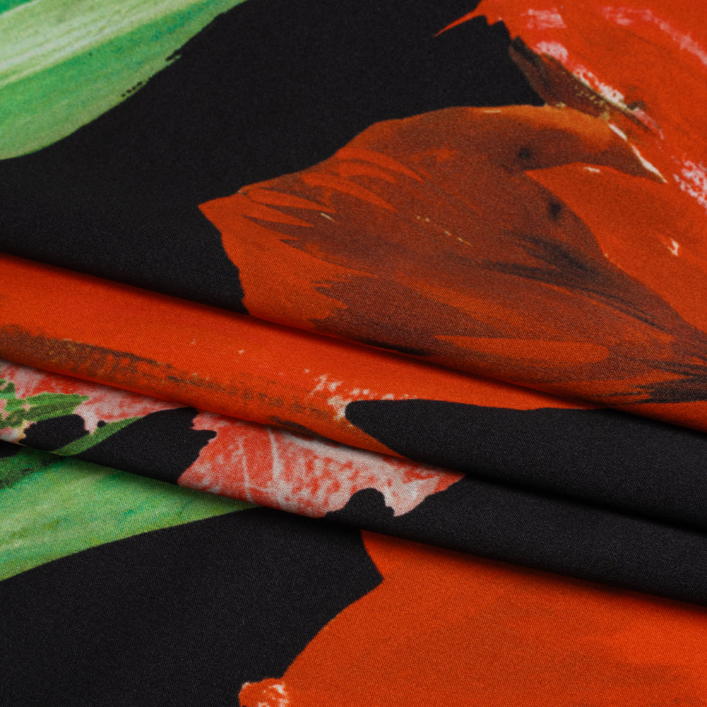 Silk Charmeuse Print 16MM, Made in Italy - Scarlet Red, Green and Black Painted Tulip Garden Silk Charmeuse Print 16MM, Made in Italy - Scarlet Red, Green and Black Painted Tulip Garden