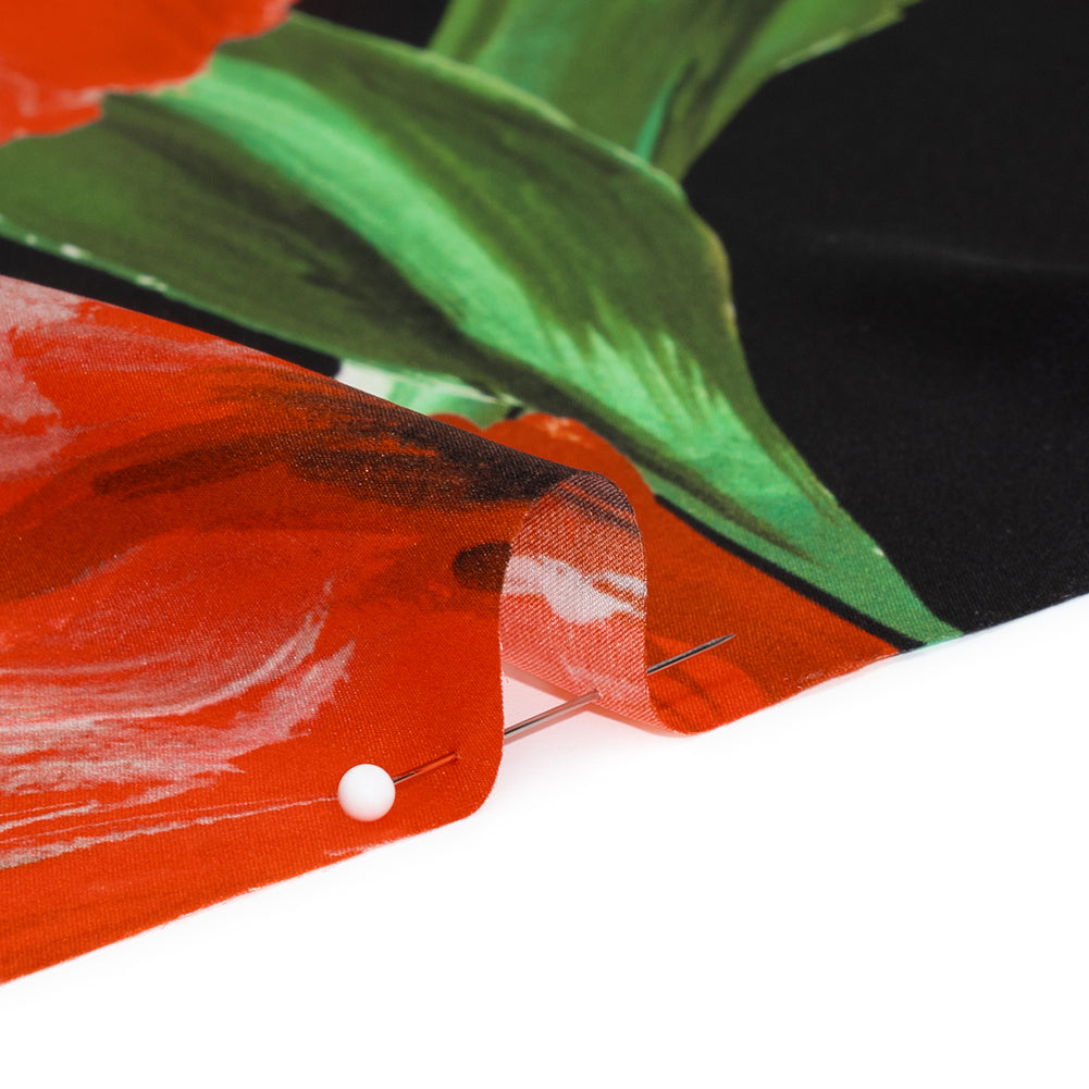 Silk Charmeuse Print 16MM, Made in Italy - Scarlet Red, Green and Black Painted Tulip Garden Silk Charmeuse Print 16MM, Made in Italy - Scarlet Red, Green and Black Painted Tulip Garden
