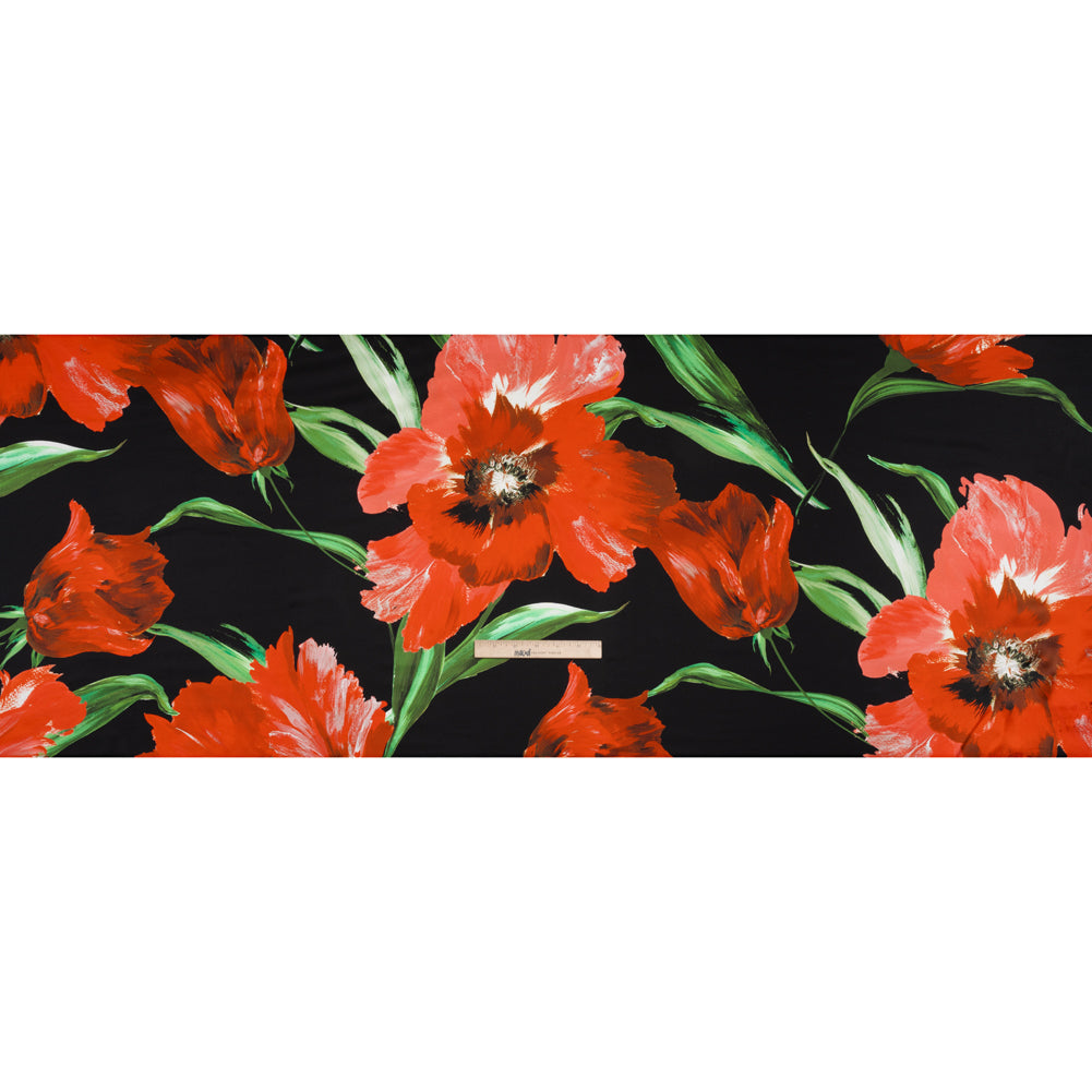 Silk Charmeuse Print 16MM, Made in Italy - Scarlet Red, Green and Black Painted Tulip Garden Silk Charmeuse Print 16MM, Made in Italy - Scarlet Red, Green and Black Painted Tulip Garden