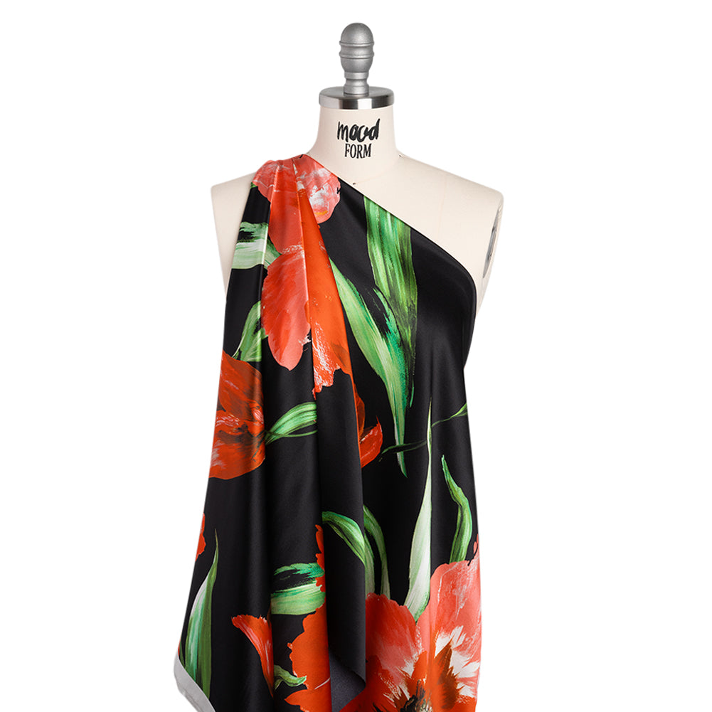 Silk Charmeuse Print 16MM, Made in Italy - Scarlet Red, Green and Black Painted Tulip Garden Silk Charmeuse Print 16MM, Made in Italy - Scarlet Red, Green and Black Painted Tulip Garden