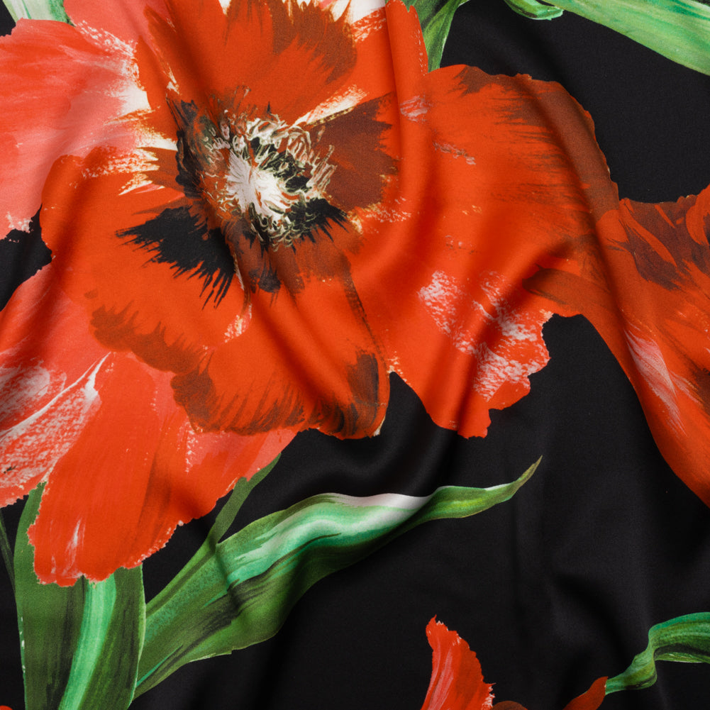 Silk Charmeuse Print 16MM, Made in Italy - Scarlet Red, Green and Black Painted Tulip Garden Silk Charmeuse Print 16MM, Made in Italy - Scarlet Red, Green and Black Painted Tulip Garden