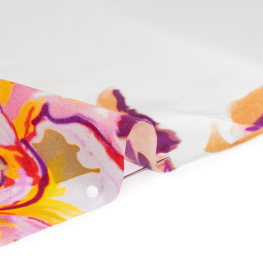 Silk Charmeuse Print 16MM, Made in Italy - Purple, Yellow and Beige Rose Garden Sketches on White - Detail Silk Charmeuse Print 16MM, Made in Italy - Purple, Yellow and Beige Rose Garden Sketches on White - Detail