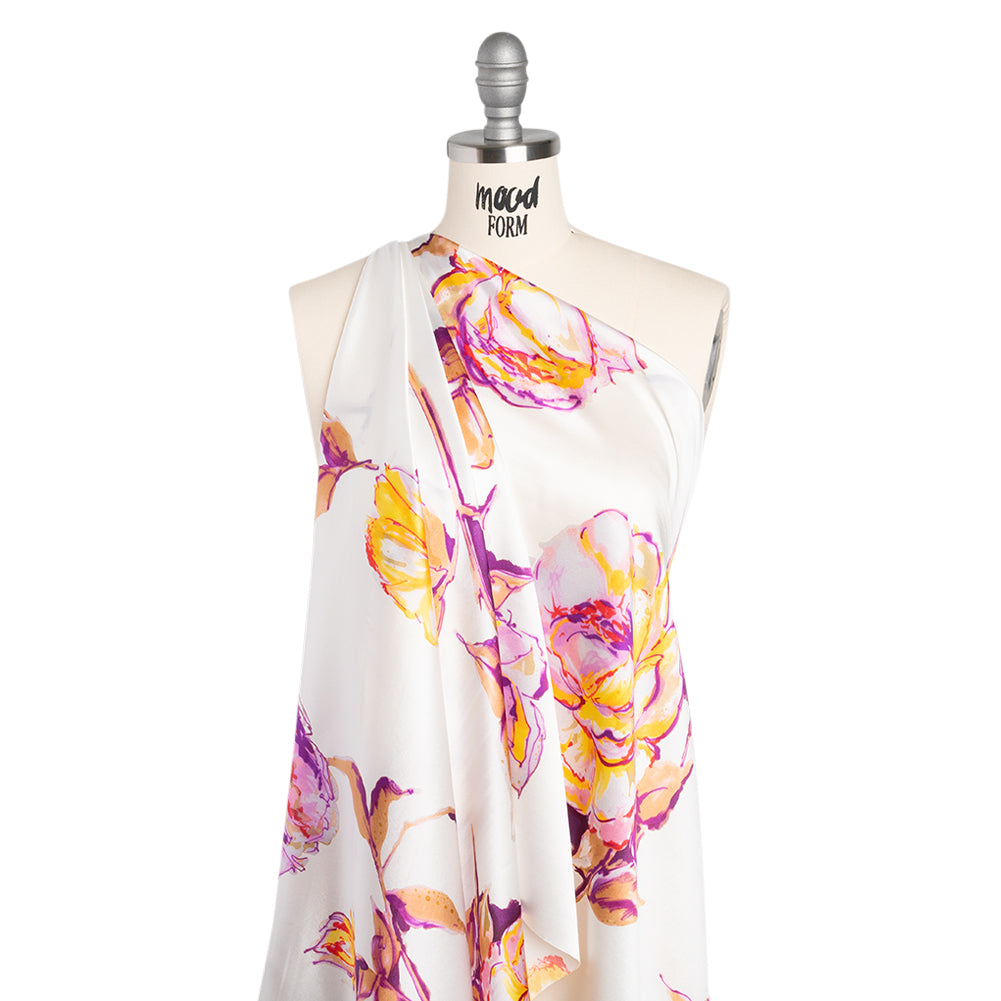 Silk Charmeuse Print 16MM, Made in Italy - Purple, Yellow and Beige Rose Garden Sketches on White - Drape Silk Charmeuse Print 16MM, Made in Italy - Purple, Yellow and Beige Rose Garden Sketches on White - Drape
