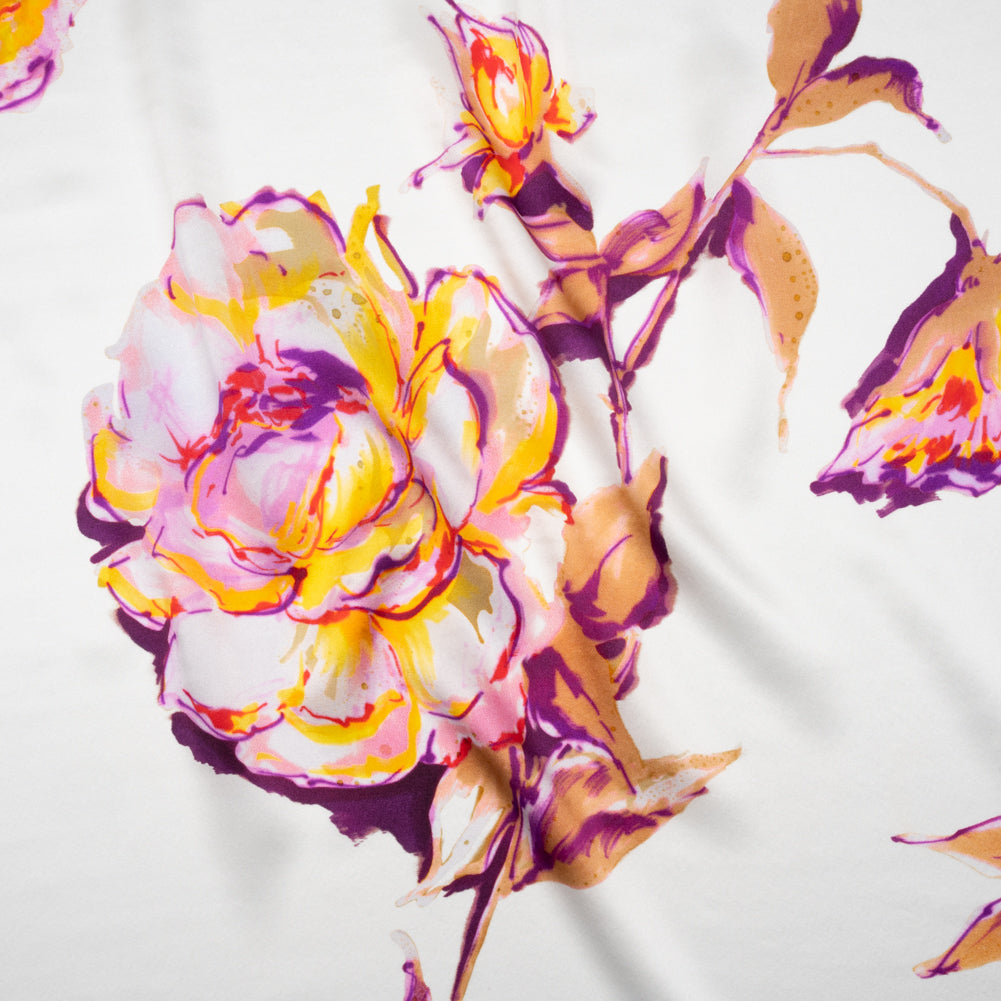 Silk Charmeuse Print 16MM, Made in Italy - Purple, Yellow and Beige Rose Garden Sketches on White Silk Charmeuse Print 16MM, Made in Italy - Purple, Yellow and Beige Rose Garden Sketches on White