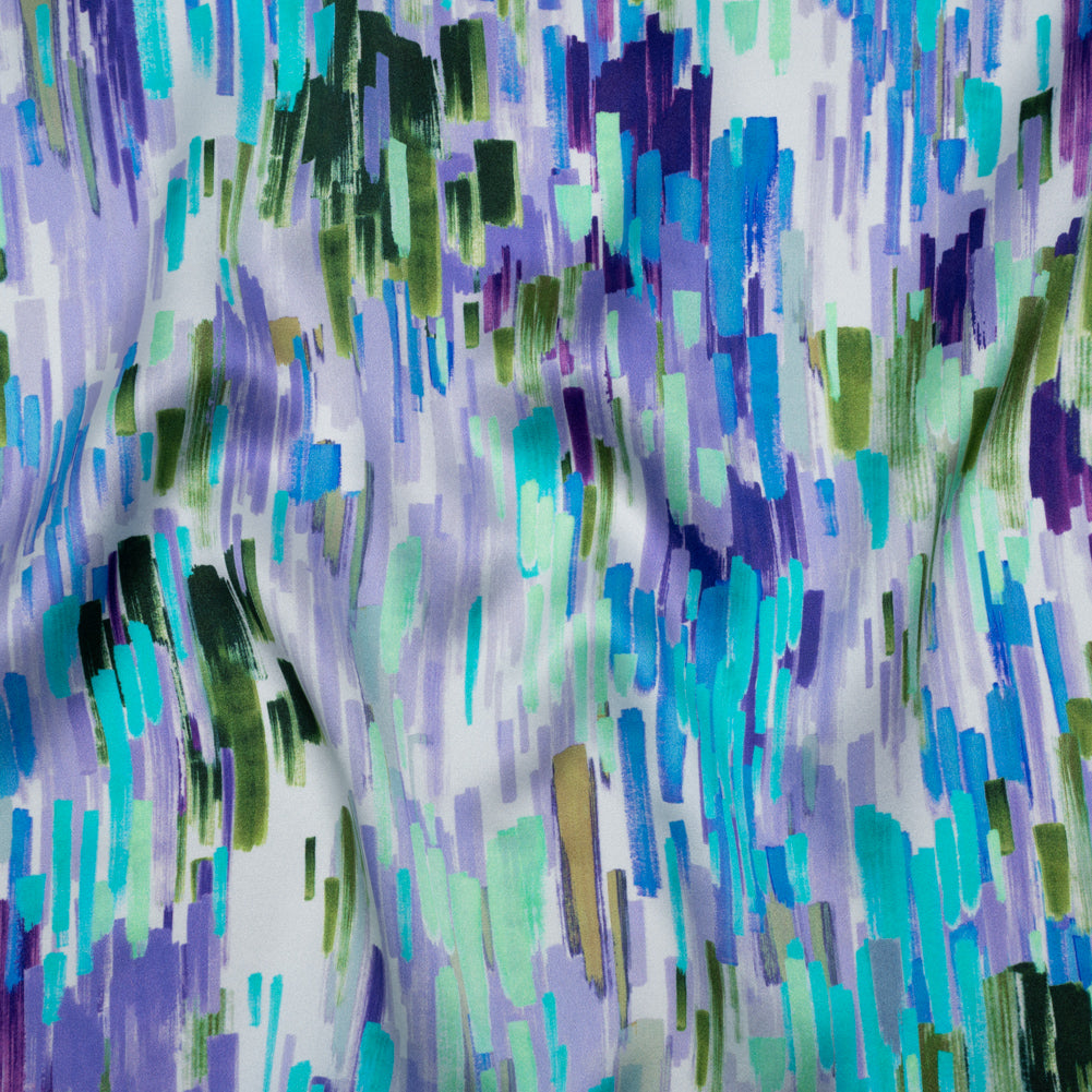 Silk Charmeuse Print 16MM, Made in Italy - Lavender, Blue and Green Painted Striations Silk Charmeuse Print 16MM, Made in Italy - Lavender, Blue and Green Painted Striations