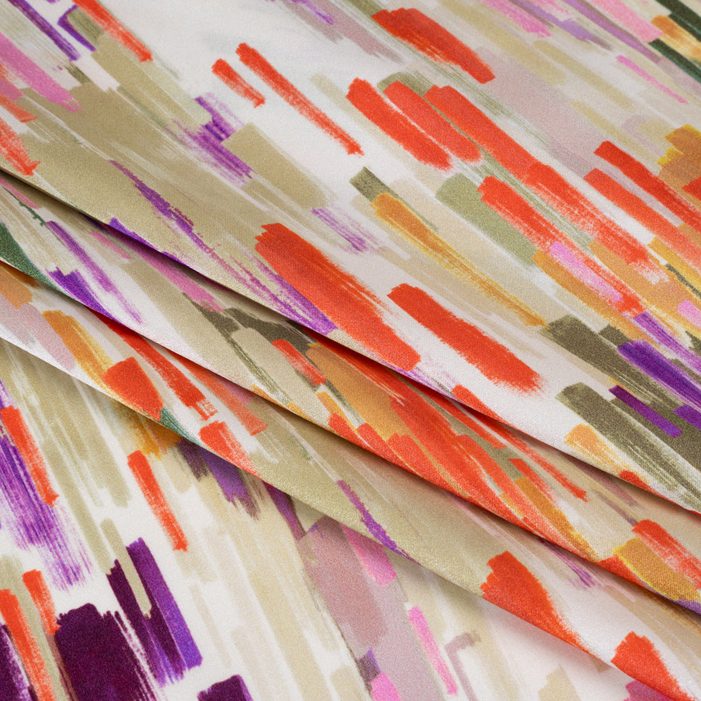 Silk Charmeuse Print 16MM, Made in Italy - Plum Purple, Forest Green and Scarlet Painted Striations Silk Charmeuse Print 16MM, Made in Italy - Plum Purple, Forest Green and Scarlet Painted Striations