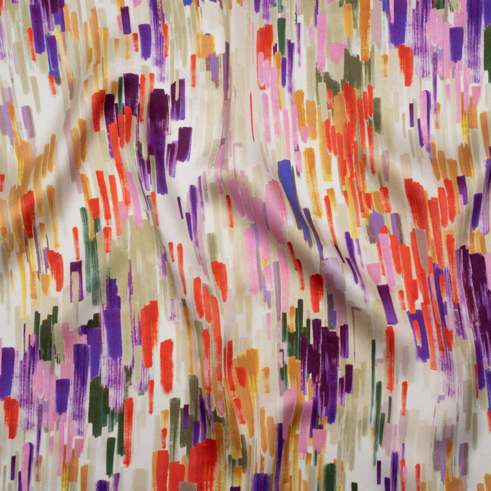 Silk Charmeuse Print 16MM, Made in Italy - Plum Purple, Forest Green and Scarlet Painted Striations Silk Charmeuse Print 16MM, Made in Italy - Plum Purple, Forest Green and Scarlet Painted Striations