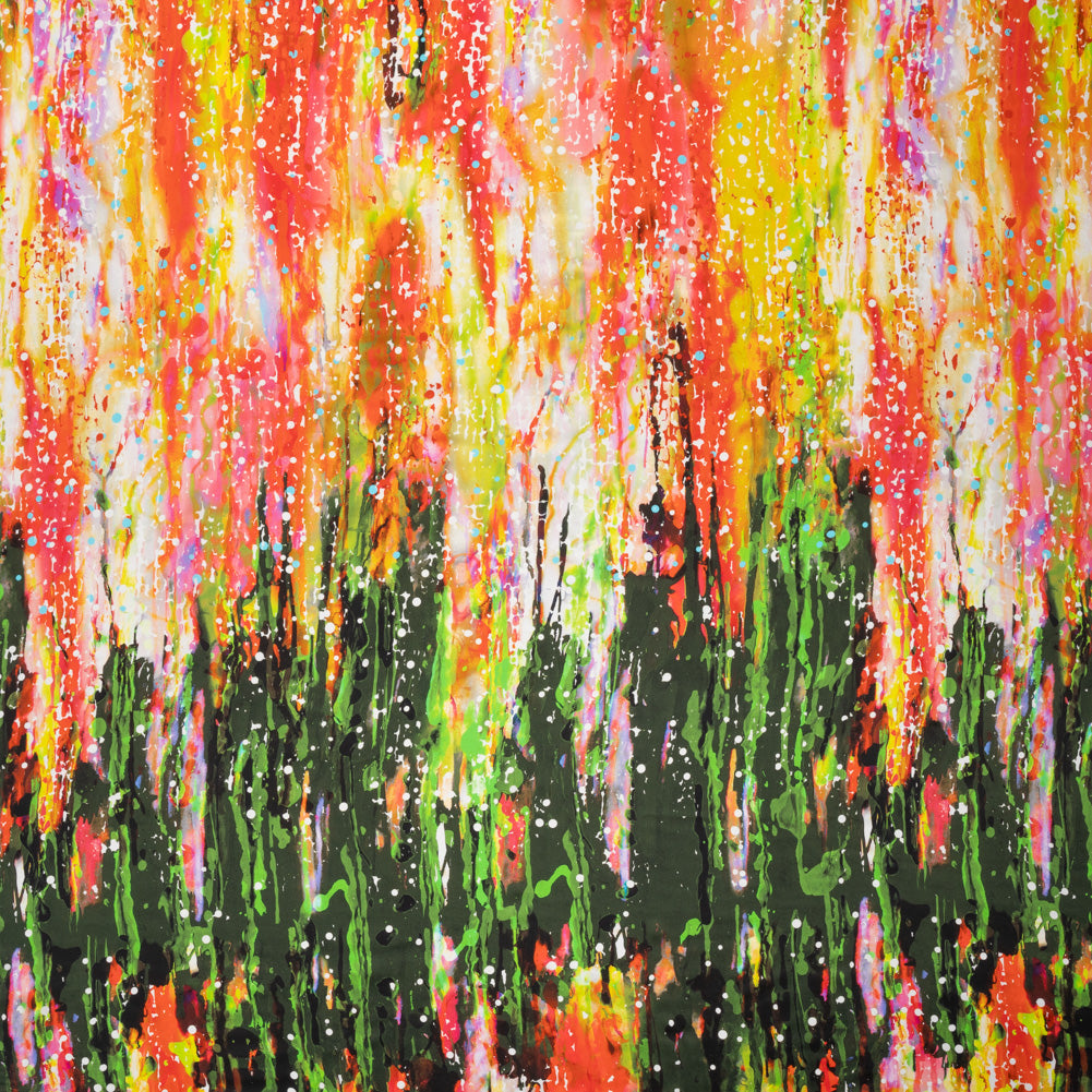 Silk Charmeuse Panel 16MM, Made in Italy - Olive Green, Red and Yellow Streaks and Spots Silk Charmeuse Panel 16MM, Made in Italy - Olive Green, Red and Yellow Streaks and Spots