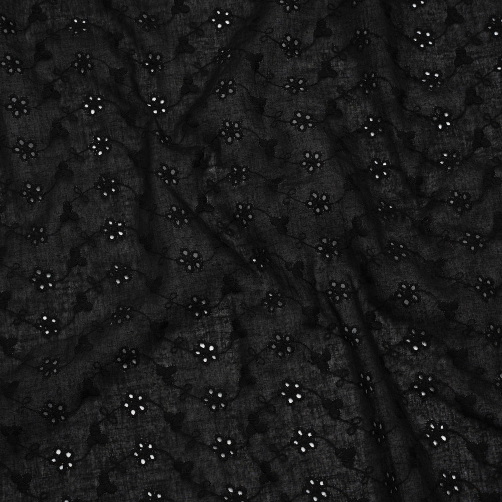 Embroidered Eyelet Cotton Voile - Black Flower Vine - Naomi Collection Embroidered Eyelet Cotton Voile - Black Flower Vine - Naomi Collection