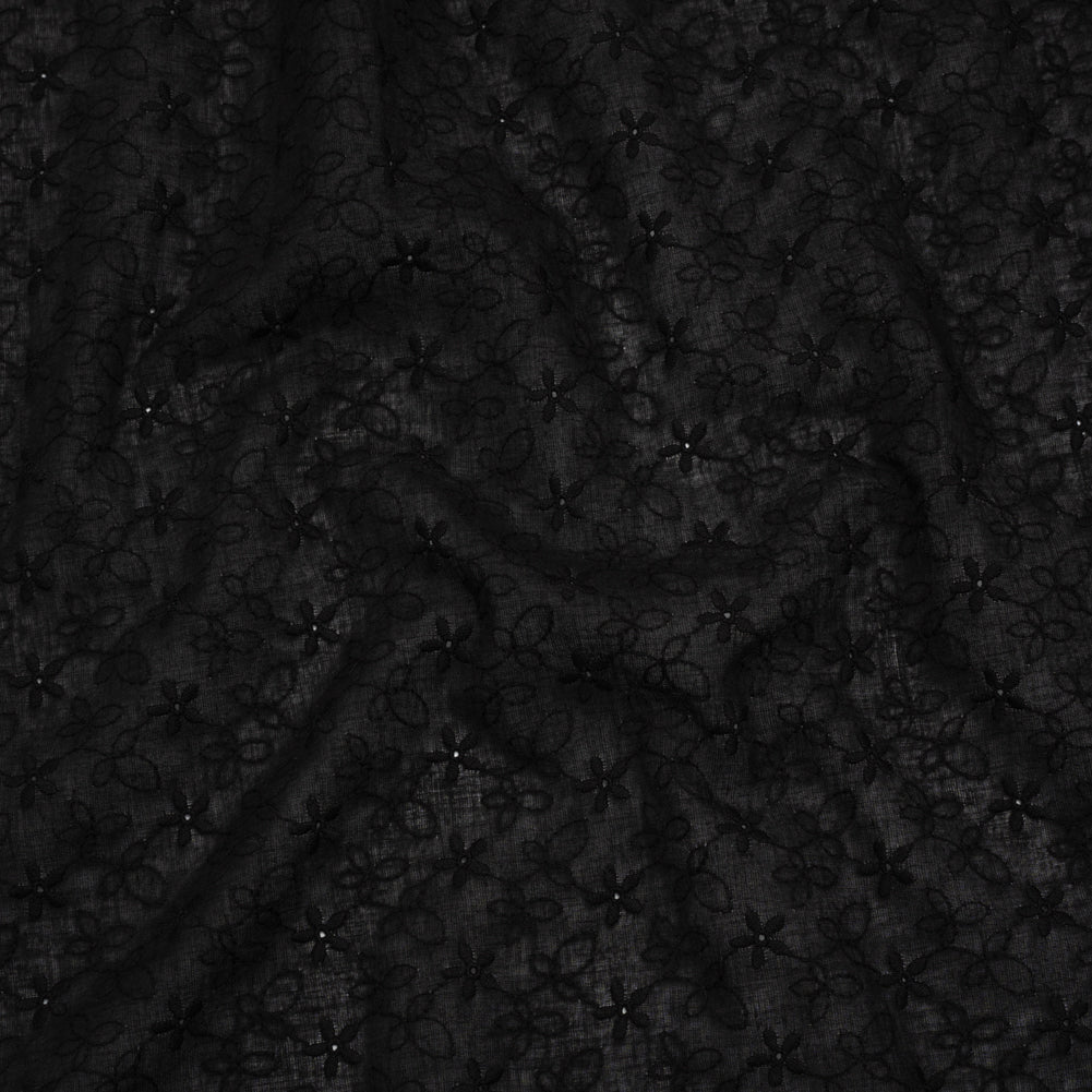 Embroidered Eyelet Cotton Voile - Black Daisies and Leaves - Naomi Collection Embroidered Eyelet Cotton Voile - Black Daisies and Leaves - Naomi Collection