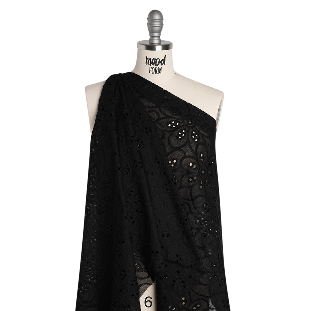 Embroidered Eyelet Cotton Voile - Black Big Flowers - Naomi Collection Embroidered Eyelet Cotton Voile - Black Big Flowers - Naomi Collection