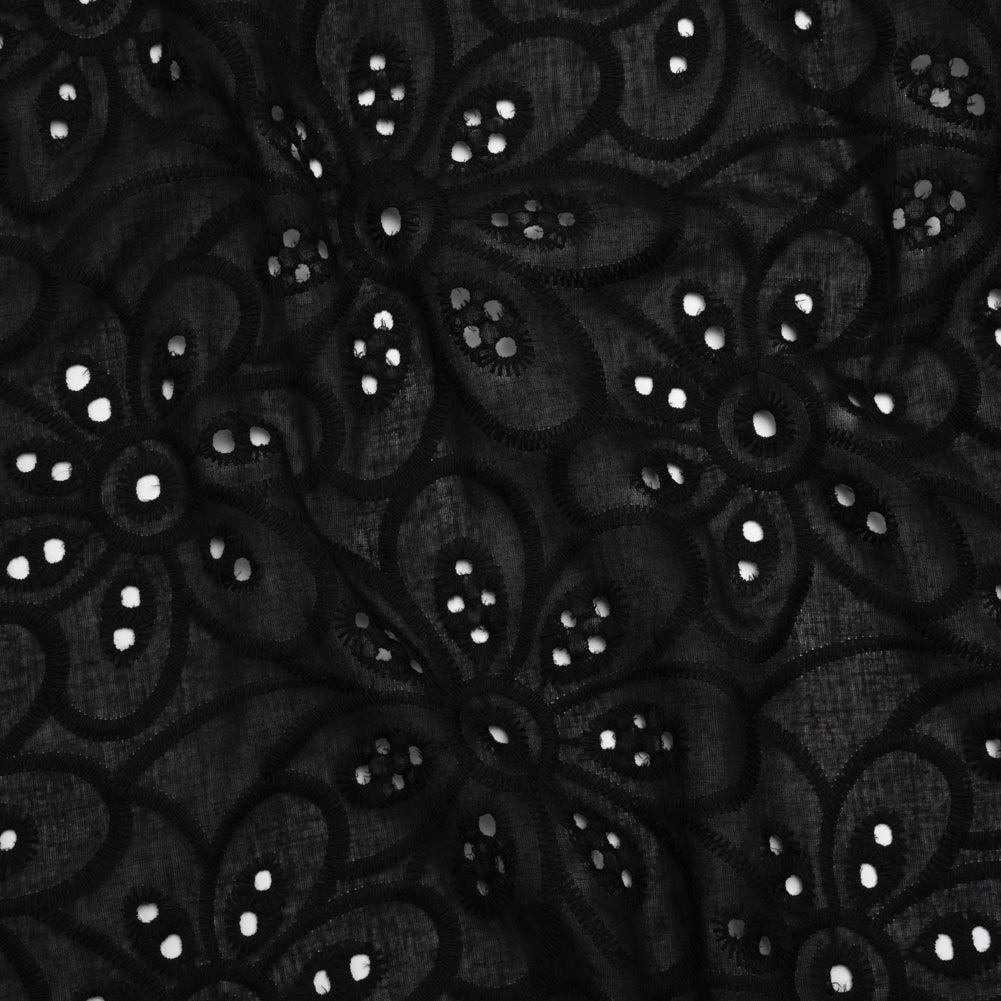 Embroidered Eyelet Cotton Voile - Black Big Flowers - Naomi Collection Embroidered Eyelet Cotton Voile - Black Big Flowers - Naomi Collection