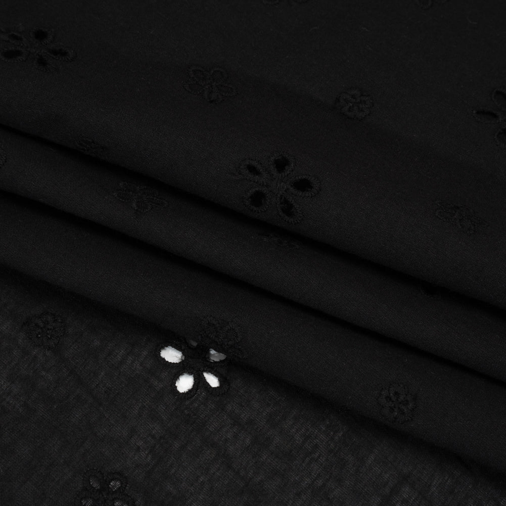 Embroidered Eyelet Cotton Voile - Black Floating Flowers - Naomi Collection - Folded Embroidered Eyelet Cotton Voile - Black Floating Flowers - Naomi Collection - Folded