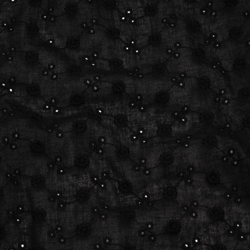 Embroidered Eyelet Cotton Voile - Black Little Flowers on Vines - Naomi Collection Embroidered Eyelet Cotton Voile - Black Little Flowers on Vines - Naomi Collection