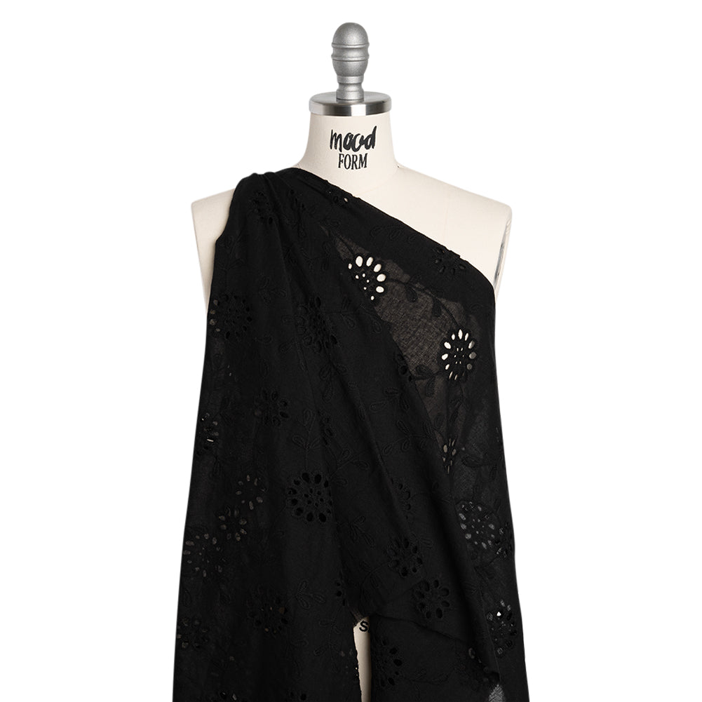 Embroidered Eyelet Cotton Voile - Black Big Flowering Vines - Naomi Collection Embroidered Eyelet Cotton Voile - Black Big Flowering Vines - Naomi Collection
