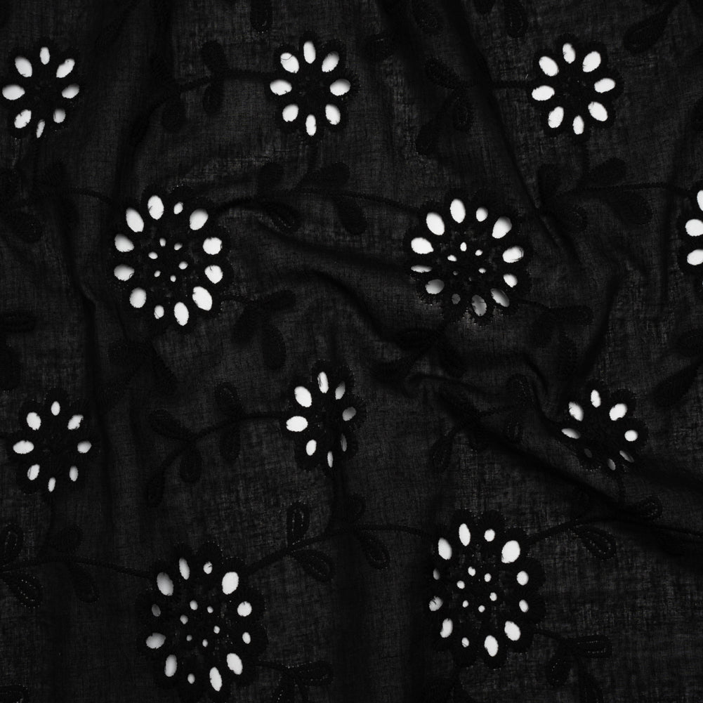 Embroidered Eyelet Cotton Voile - Black Big Flowering Vines - Naomi Collection Embroidered Eyelet Cotton Voile - Black Big Flowering Vines - Naomi Collection