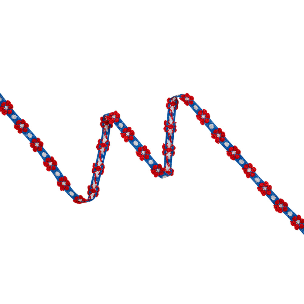 Cotton Jacquard Ribbon - 0.375" - Blue, Red and White Daisies and Dots Cotton Jacquard Ribbon - 0.375" - Blue, Red and White Daisies and Dots