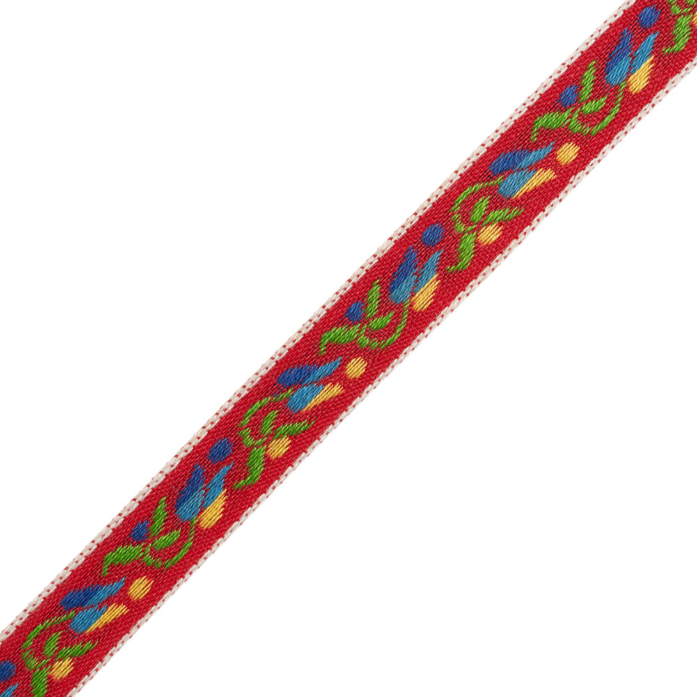 Cotton Jacquard Ribbon - 0.375" - Red, Blue and Yellow Tulip Vine Cotton Jacquard Ribbon - 0.375" - Red, Blue and Yellow Tulip Vine
