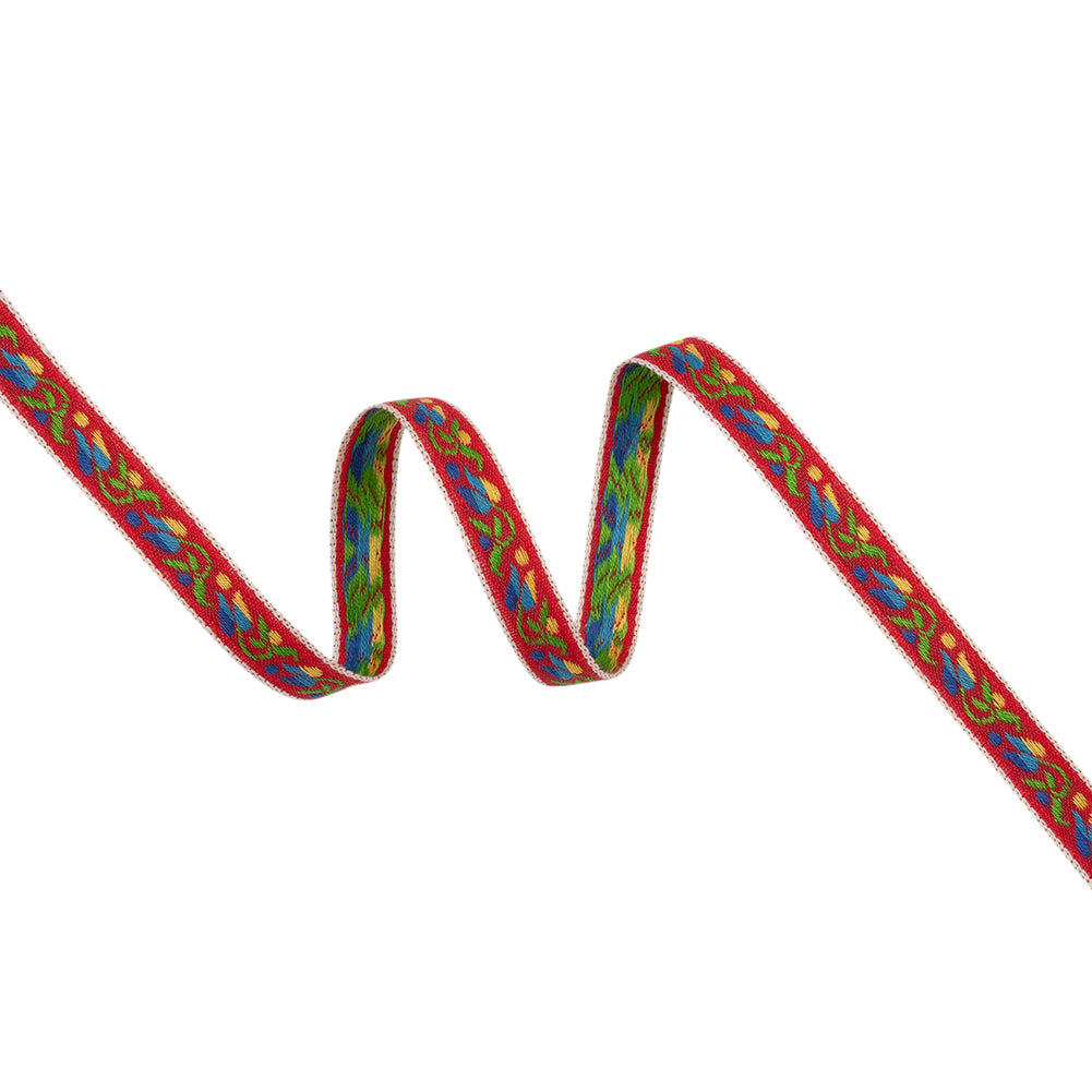 Cotton Jacquard Ribbon - 0.375" - Red, Blue and Yellow Tulip Vine Cotton Jacquard Ribbon - 0.375" - Red, Blue and Yellow Tulip Vine