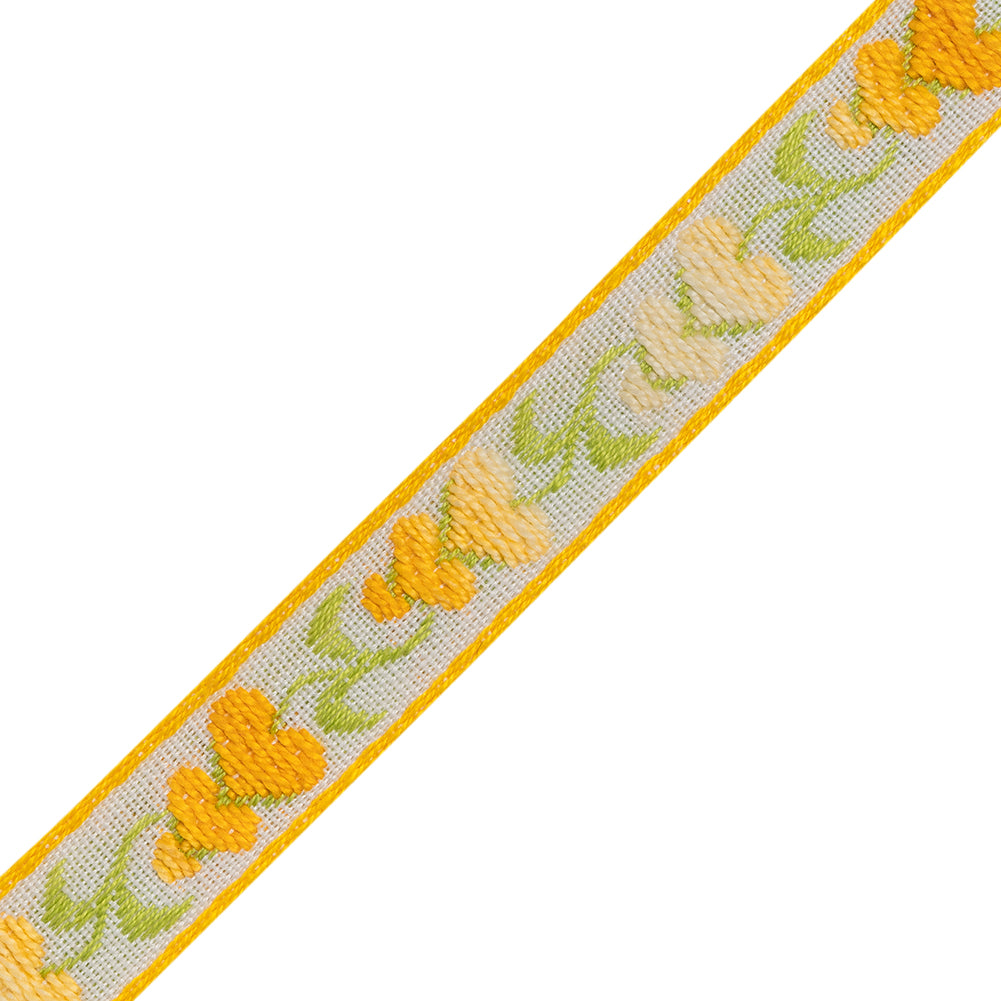 Cotton Jacquard Ribbon - 0.5" - Yellow, White and Green Heart Flowers Cotton Jacquard Ribbon - 0.5" - Yellow, White and Green Heart Flowers