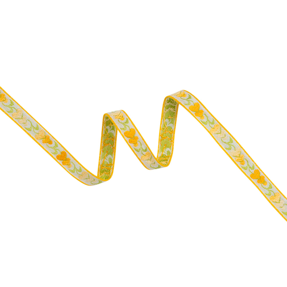 Cotton Jacquard Ribbon - 0.5" - Yellow, White and Green Heart Flowers Cotton Jacquard Ribbon - 0.5" - Yellow, White and Green Heart Flowers