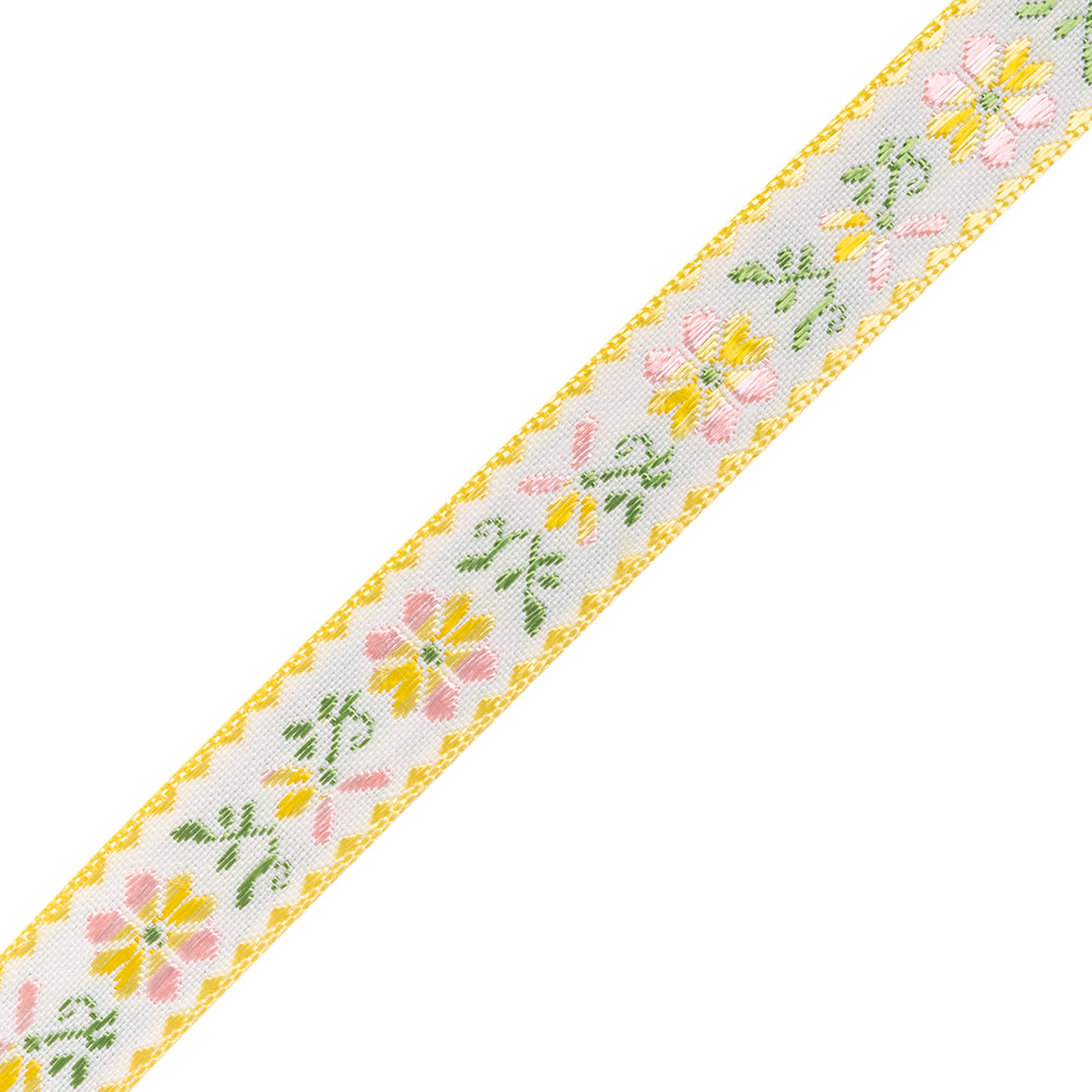 Jacquard Ribbon - 0.625" - Yellow, Pink and Green Striped Flowers - Folded Jacquard Ribbon - 0.625" - Yellow, Pink and Green Striped Flowers - Folded