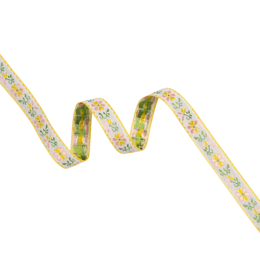 Jacquard Ribbon - 0.625" - Yellow, Pink and Green Striped Flowers Jacquard Ribbon - 0.625" - Yellow, Pink and Green Striped Flowers