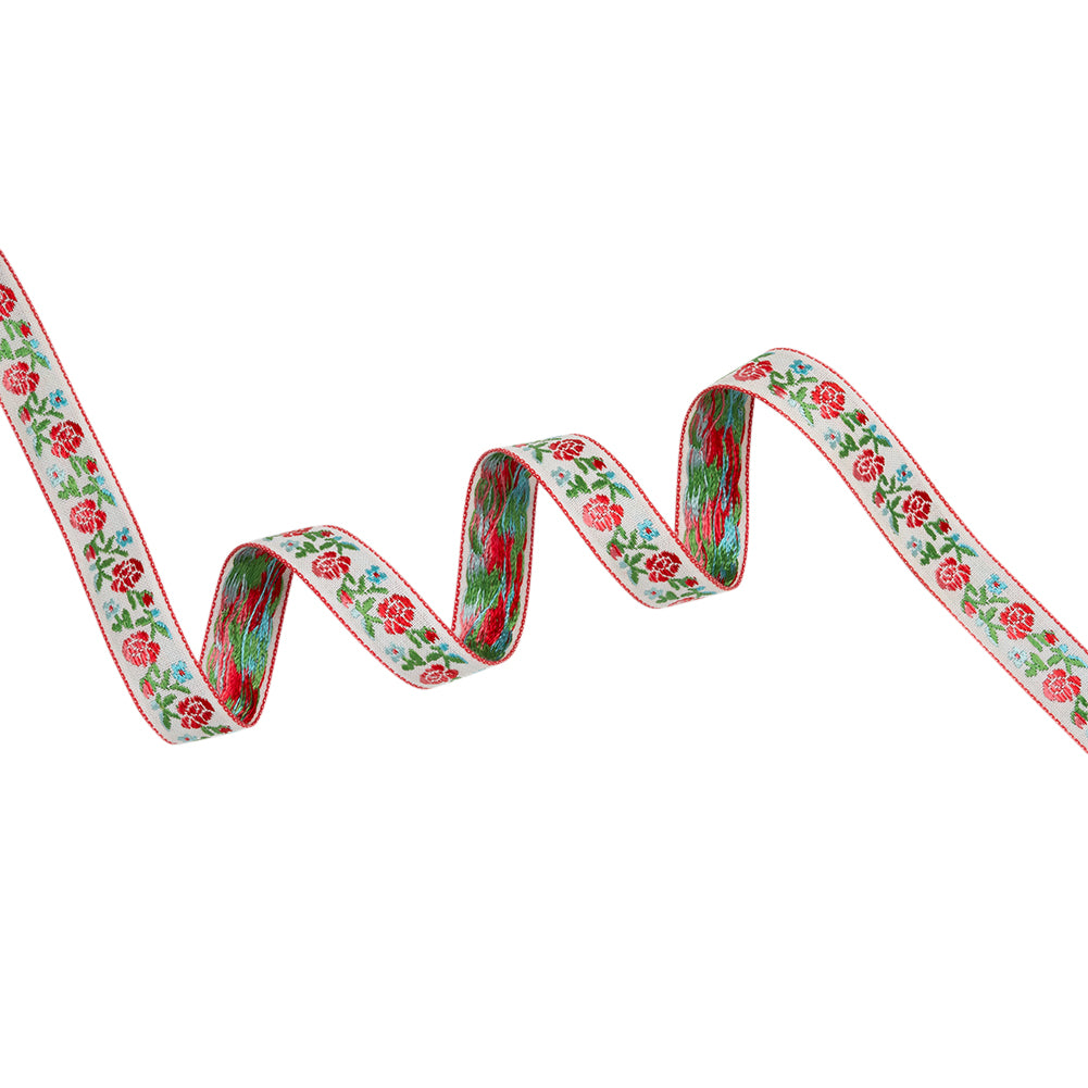 Jacquard Ribbon - 0.625" - Red, Green and Baby Blue Rose Vines Jacquard Ribbon - 0.625" - Red, Green and Baby Blue Rose Vines