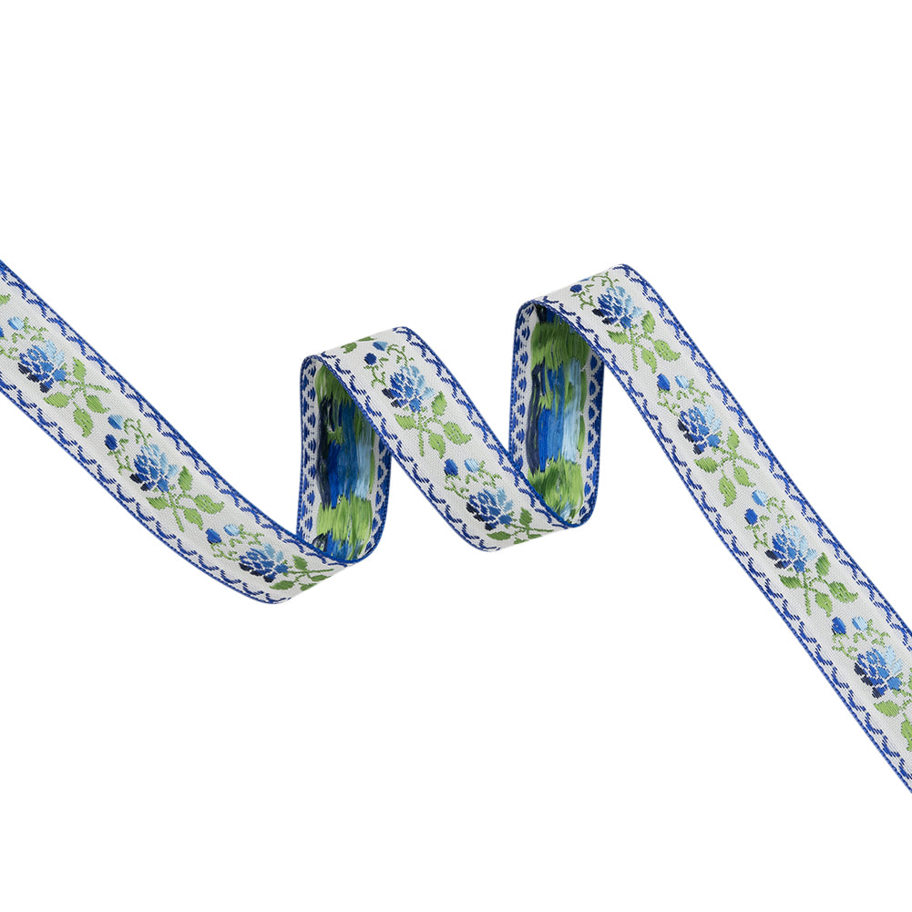 Jacquard Ribbon - 0.875" - Blue, Green and White Roses Jacquard Ribbon - 0.875" - Blue, Green and White Roses
