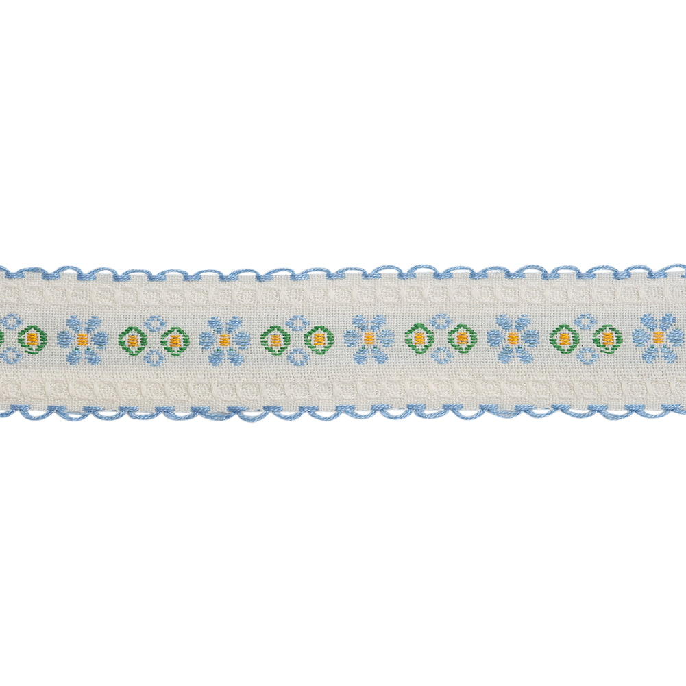 Jacquard Ribbon with Scalloped Edges - 0.875" - French Blue, White and Green Little Daisies and Dots Jacquard Ribbon with Scalloped Edges - 0.875" - French Blue, White and Green Little Daisies and Dots