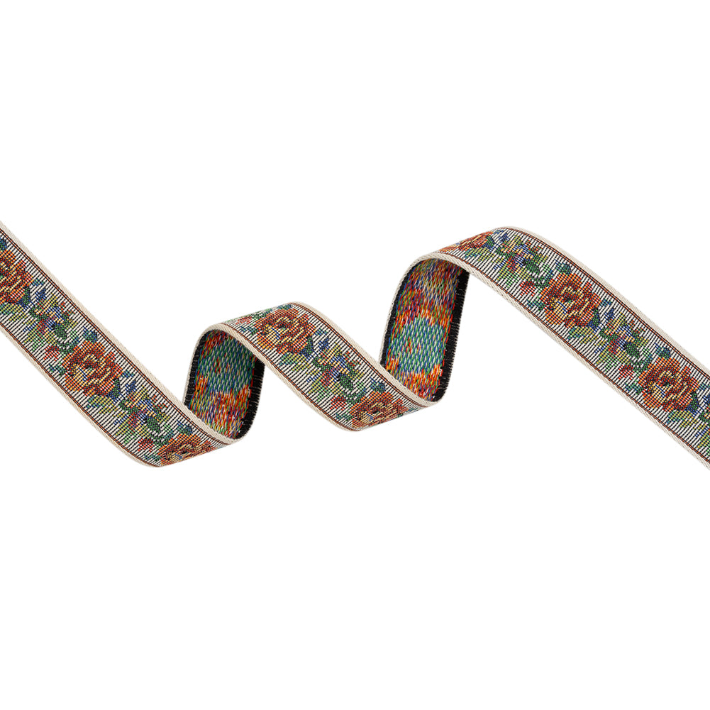 Jacquard Ribbon - 1" - White, Red and Green Rustic Roses Jacquard Ribbon - 1" - White, Red and Green Rustic Roses