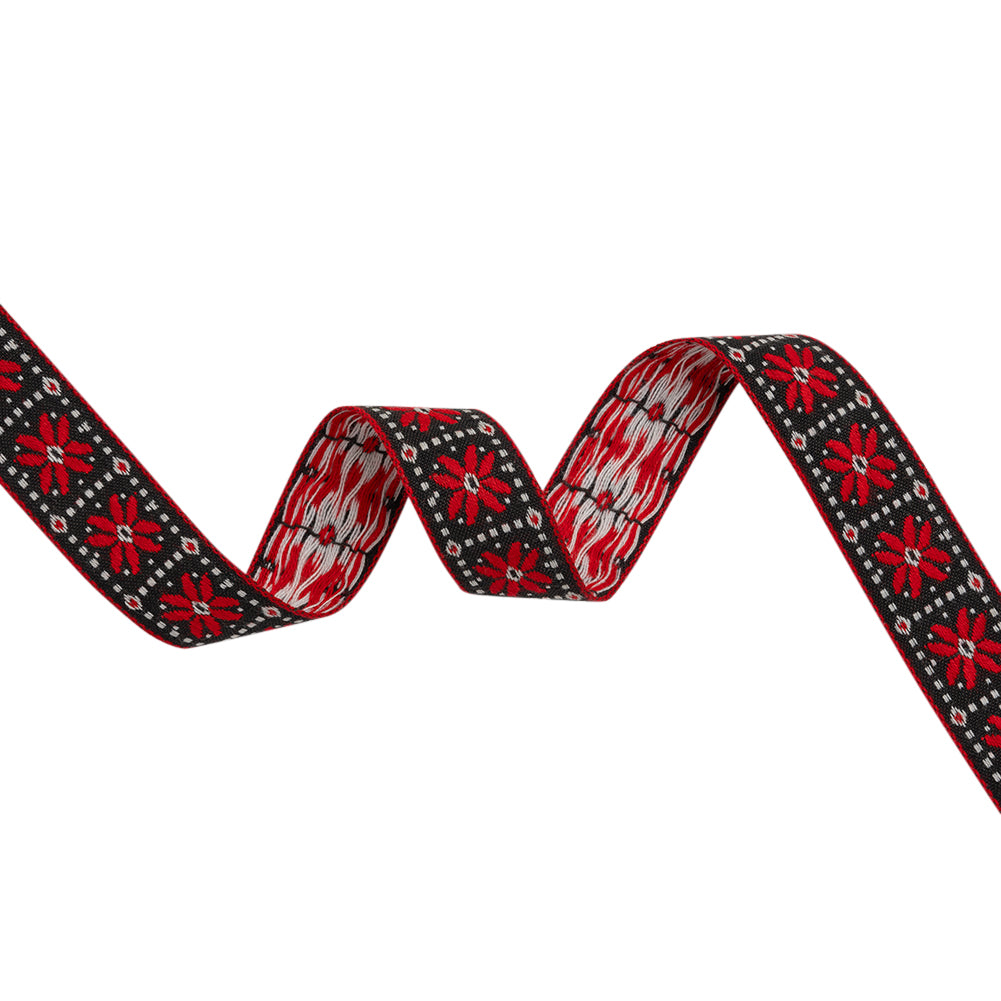 Jacquard Ribbon - 1" - Black, Red and White Flower Blocks Jacquard Ribbon - 1" - Black, Red and White Flower Blocks