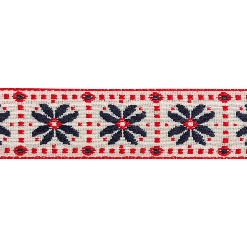 Jacquard Ribbon - 1" - Off White, Red and Navy Flower Blocks - Folded Jacquard Ribbon - 1" - Off White, Red and Navy Flower Blocks - Folded